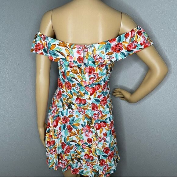 Forever 21 Watercolor Skater Floral Mini Dress Off Shoulder Green Red White L - Picture 6 of 13